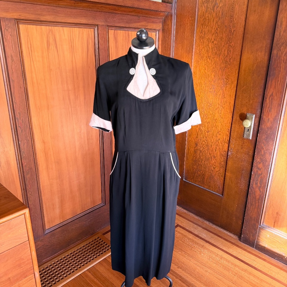 Vintage 40s 50s Black Cocktail Evening Dress w/ White Gold Lurex Rhinestones, XL - Picture 8 of 9